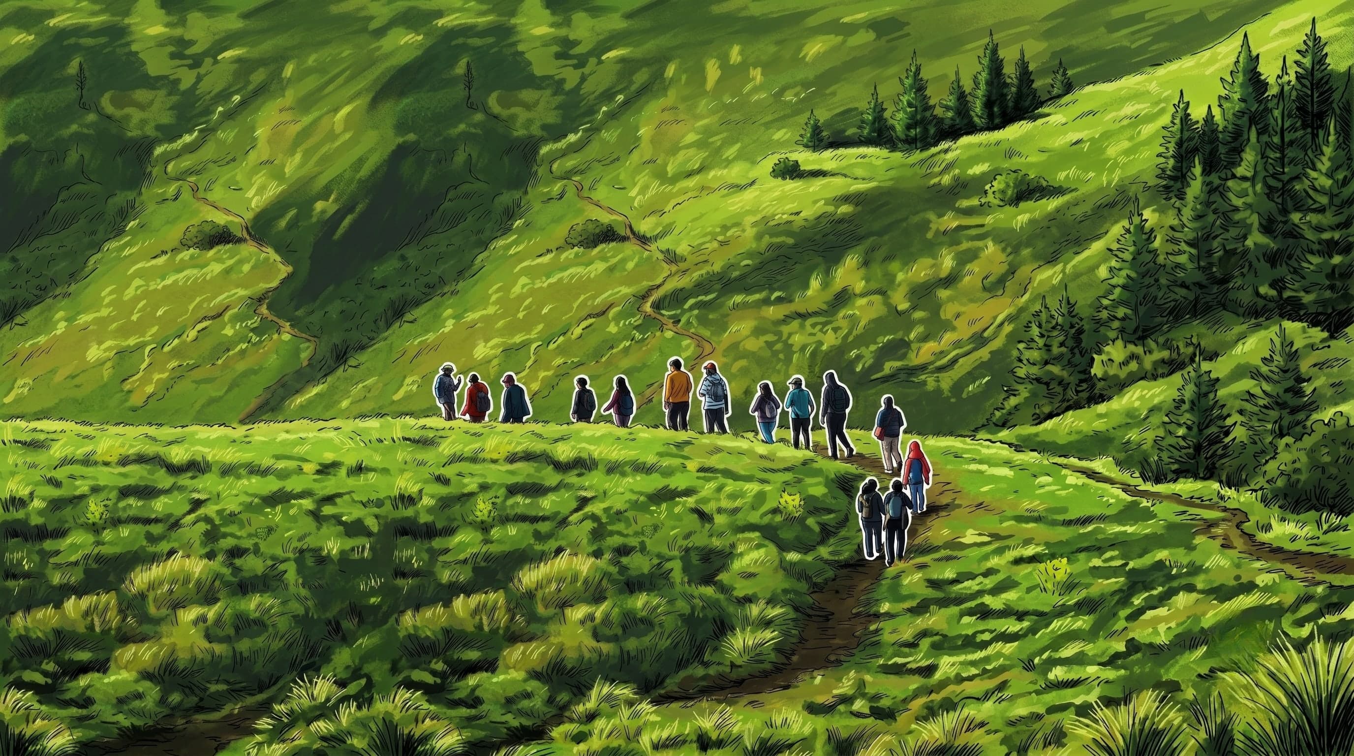 A line of trekkers walking together up a sunlit green mountain trail