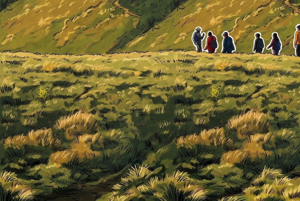 Group resting on a green hillside